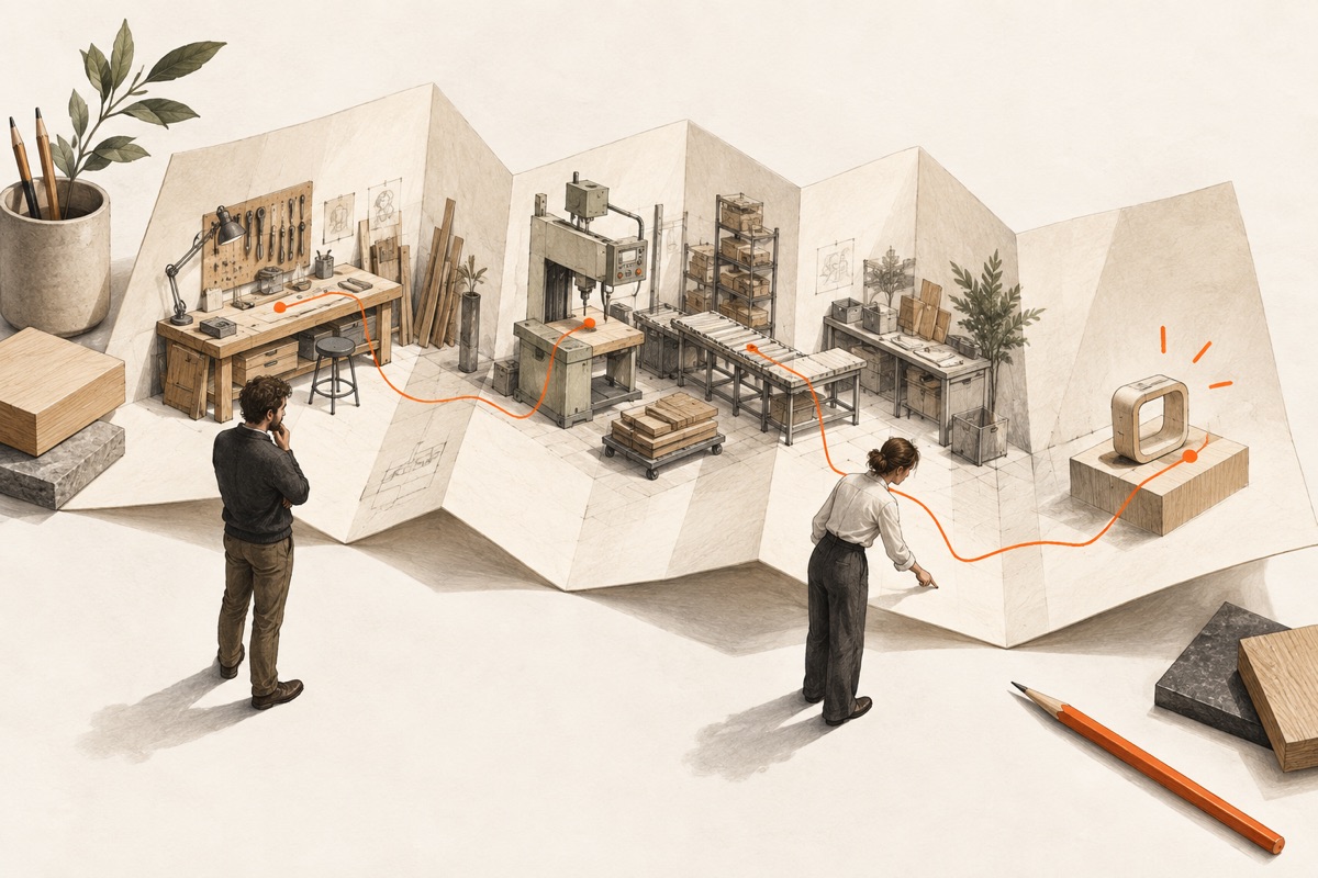Un atelier se déplie comme une carte, de l'observation des postes de travail à un nouveau produit