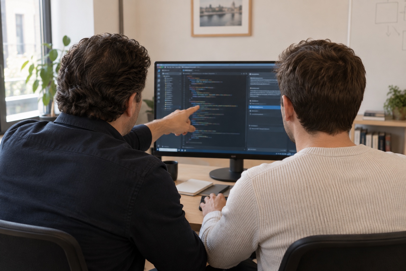 Deux personnes vues de dos travaillent ensemble devant un éditeur de code